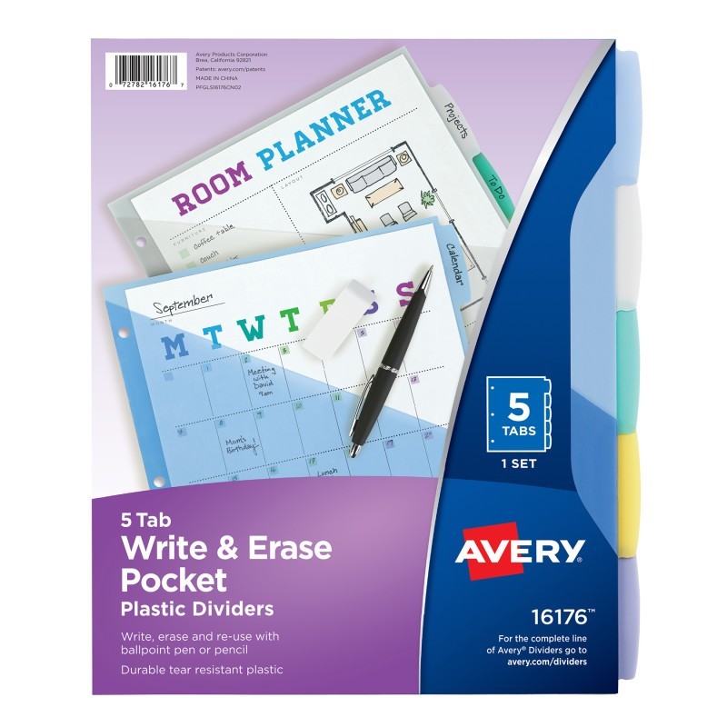 Avery® Write & Erase Durable Plastic Dividers with Pockets, 5-Tab Set, Multicolor