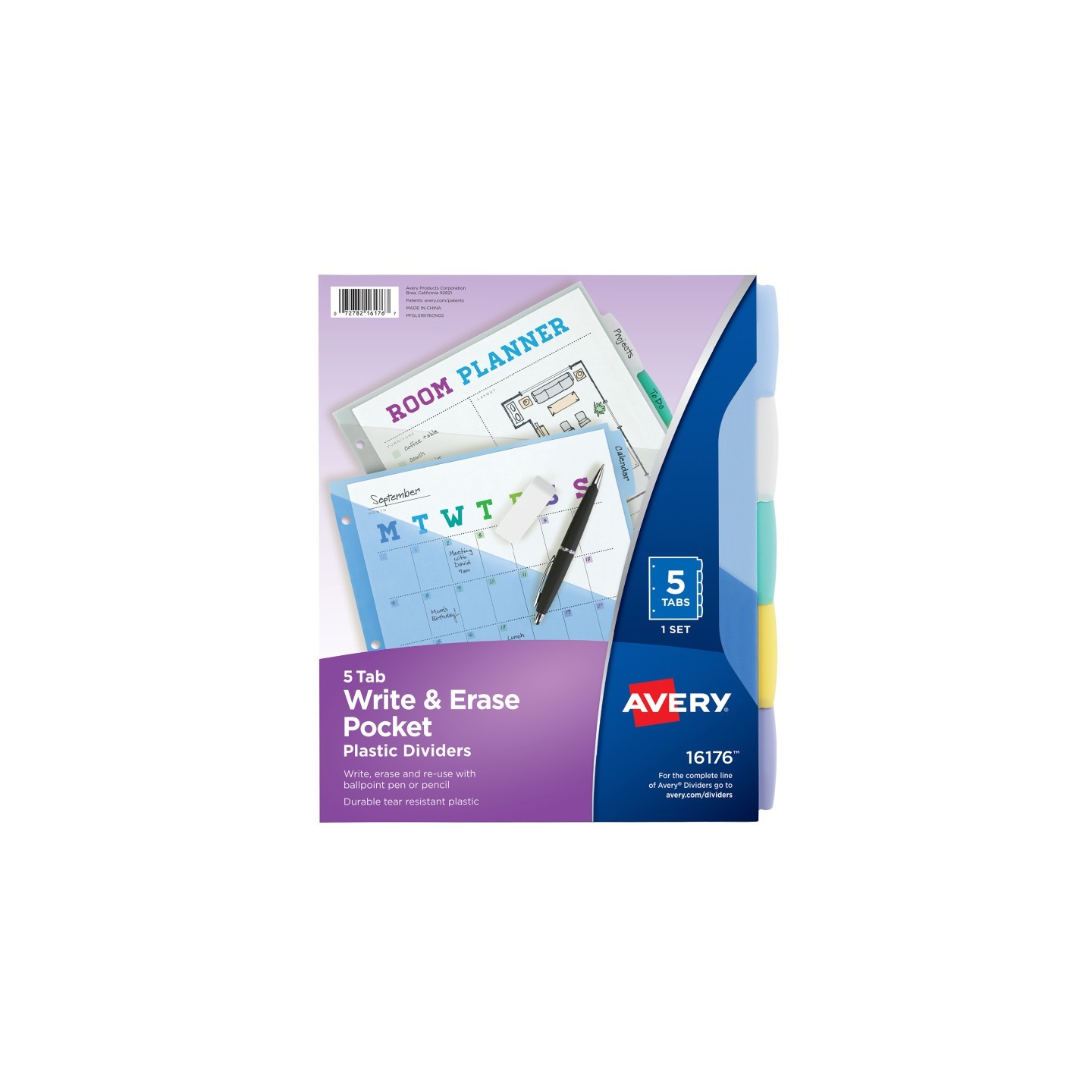 Avery® Write & Erase Durable Plastic Dividers with Pockets, 5-Tab Set, Multicolor