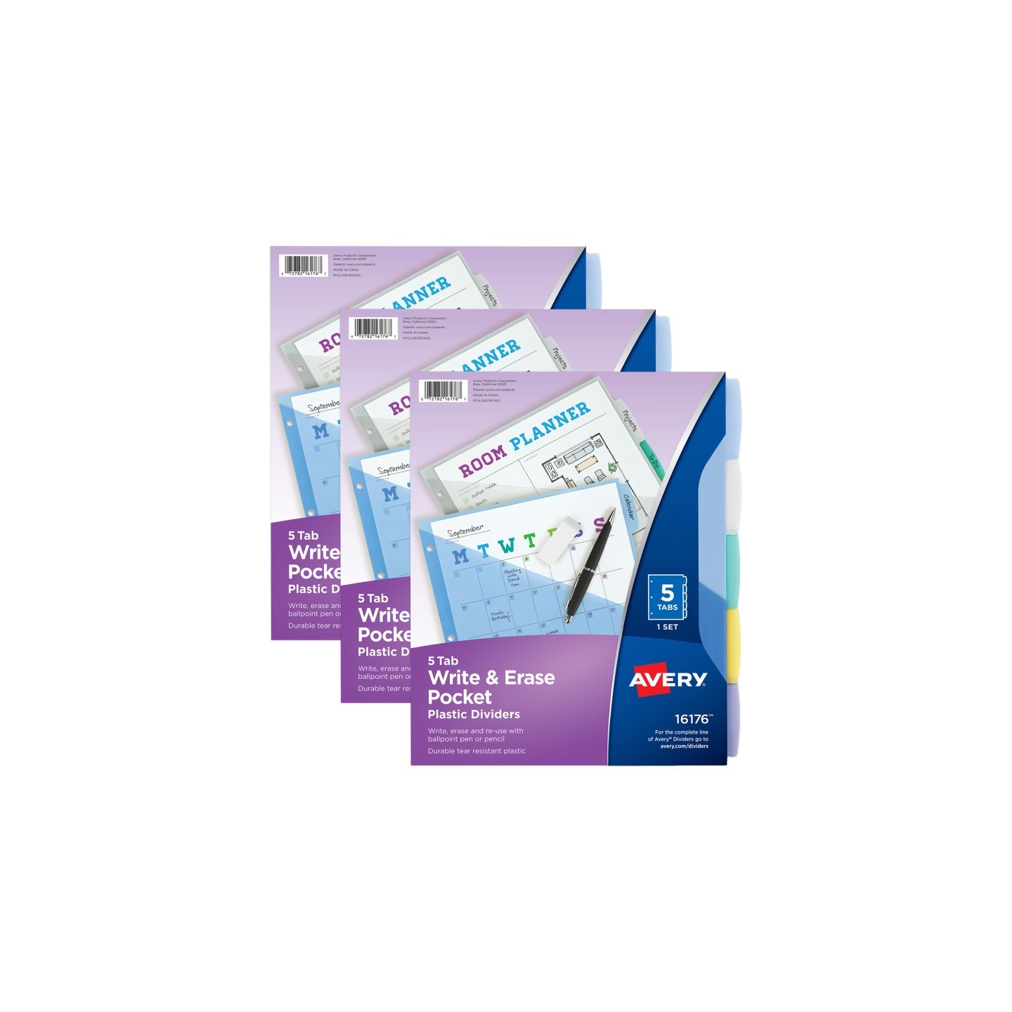 Avery® Write & Erase Durable Plastic Dividers with Pockets, 5-Tab Set, Multicolor, 3 Sets