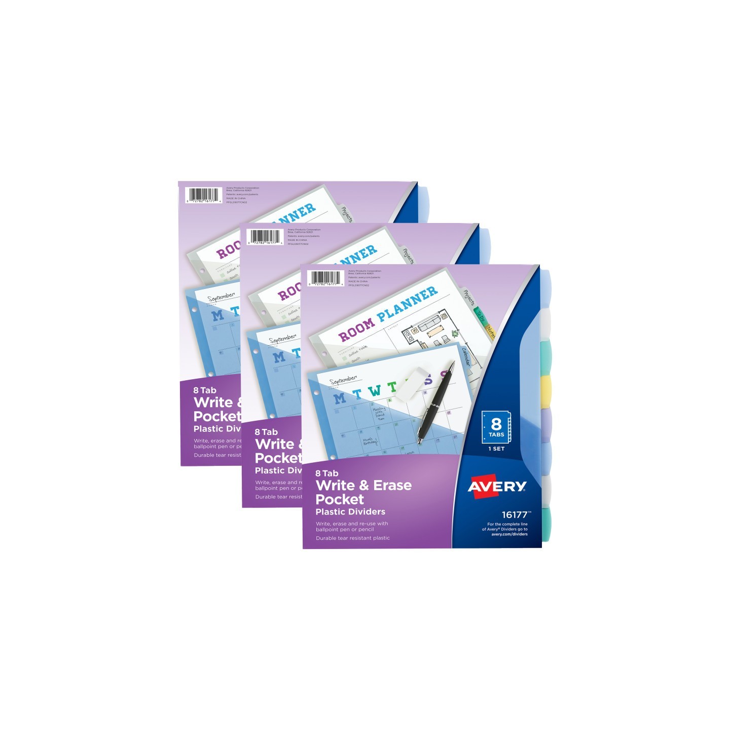 Avery® Write & Erase Pocket Plastic Dividers, 8-Tab Set, Multicolor, 3 Sets