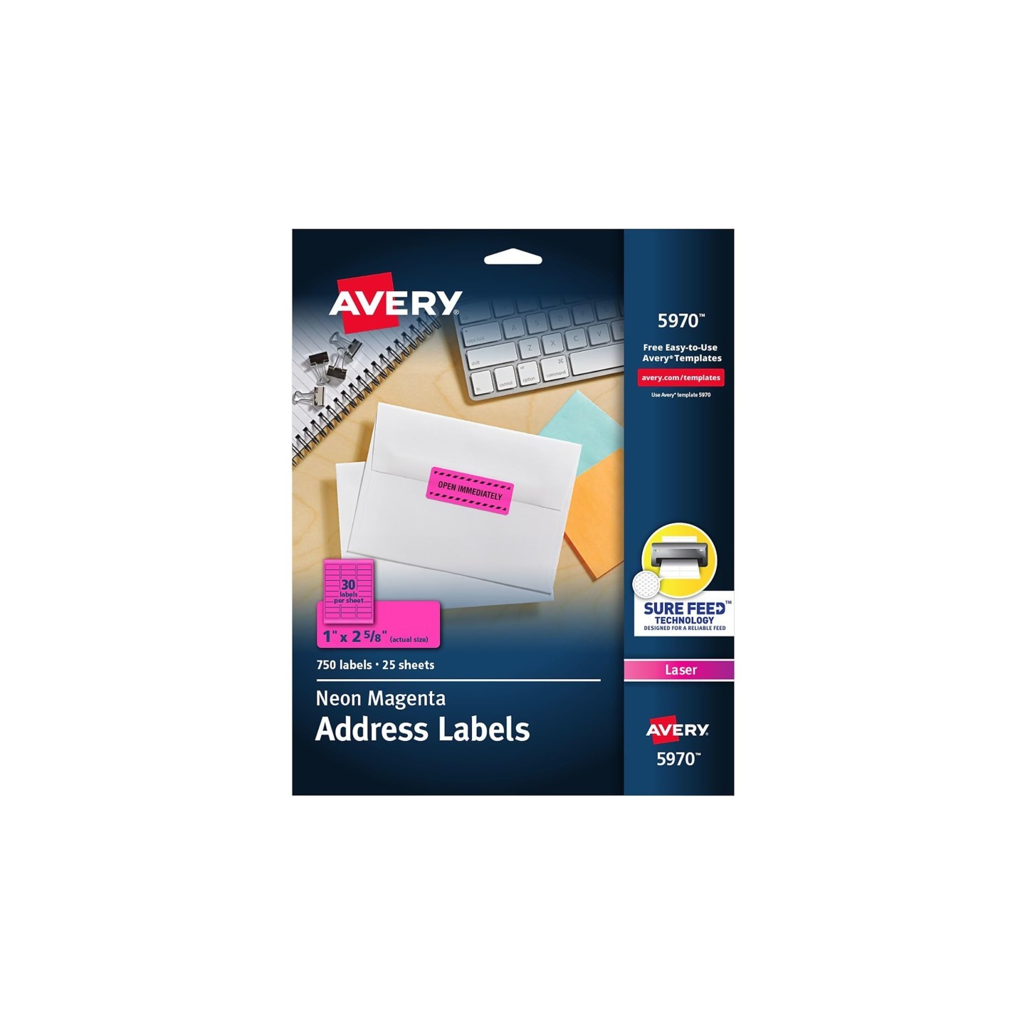 Avery® High-Visibility Labels, Permanent Adhesive, Neon Magenta, 1" x 2-5/8", 750 Labels