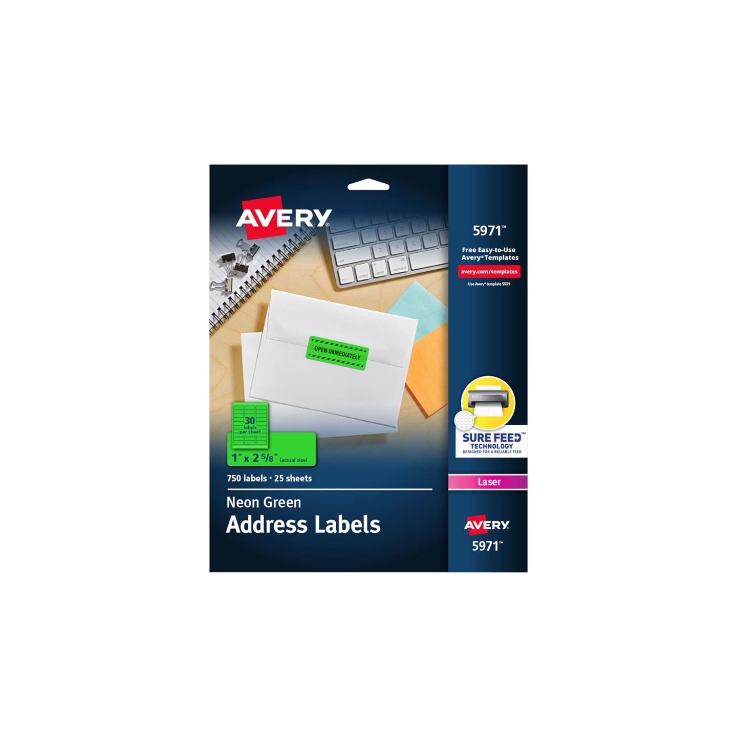 Avery® High-Visibility Labels, Permanent Adhesive, Neon Green, 1" x 2-5/8", 750 Labels