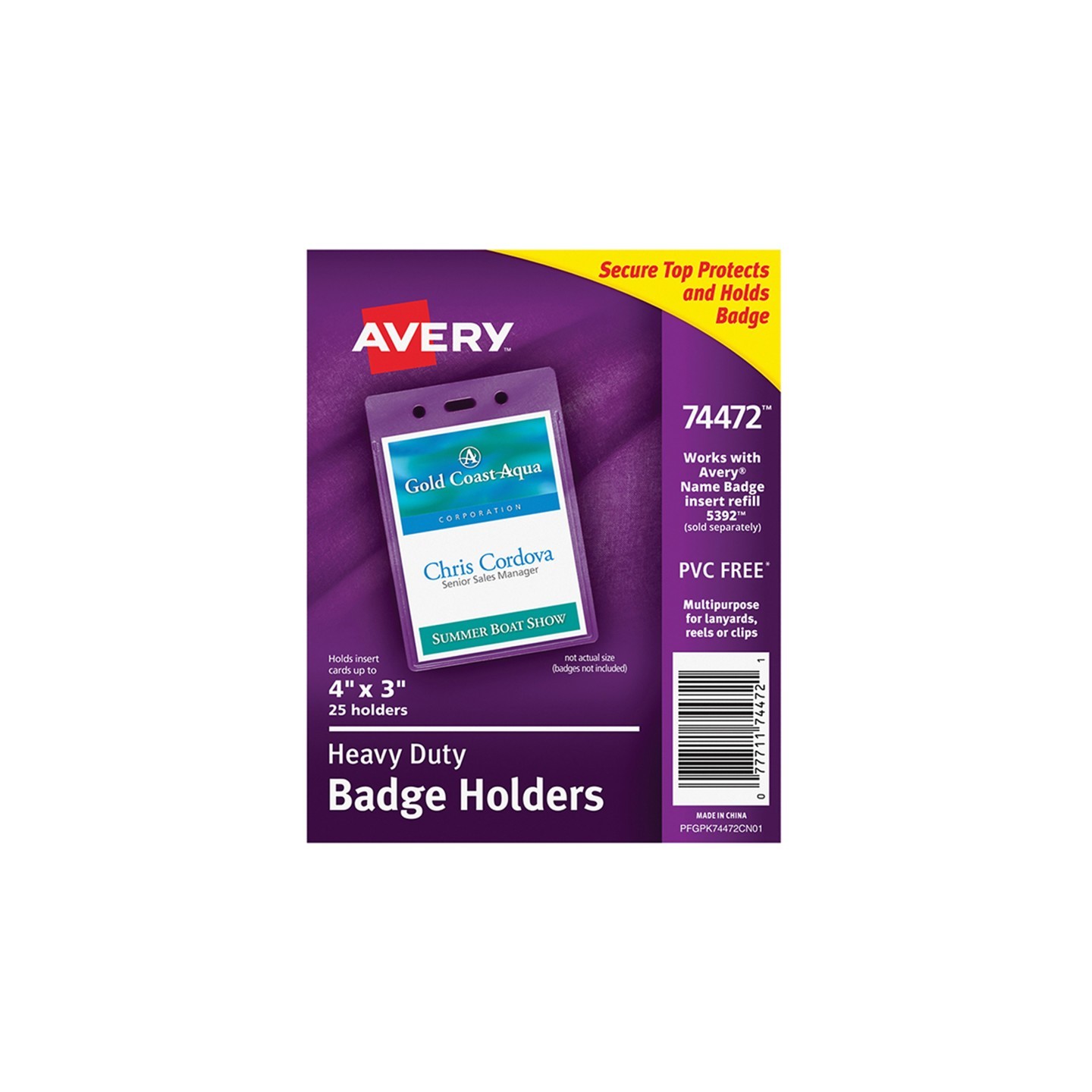 Avery® Heavy-Duty Badge Holders, Portrait, 4" x 3", 25 Holders