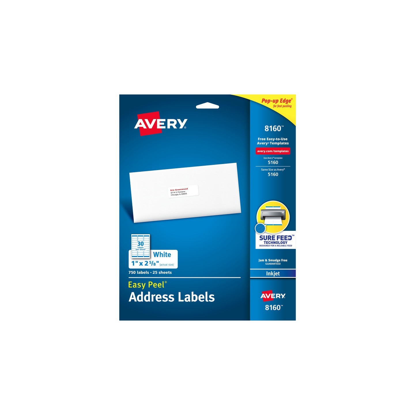 Avery® Easy Peel® Address Labels, Sure Feed™ Technology, Permanent Adhesive, 1" x 2-5/8", 750 Labels