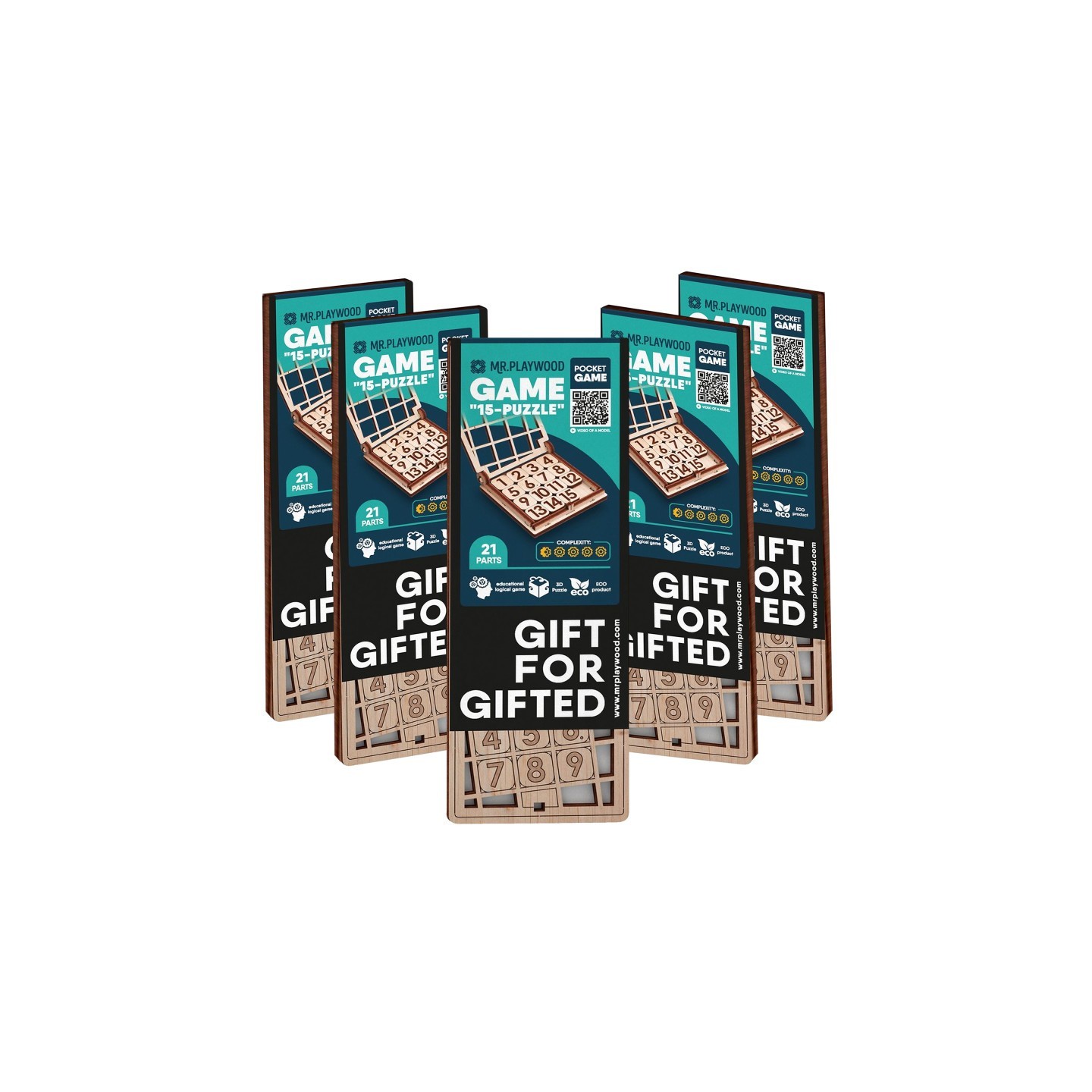 Mr.PLAYWOOD Fifteen Game 15 Wooden STEM Puzzles, Pack of 5