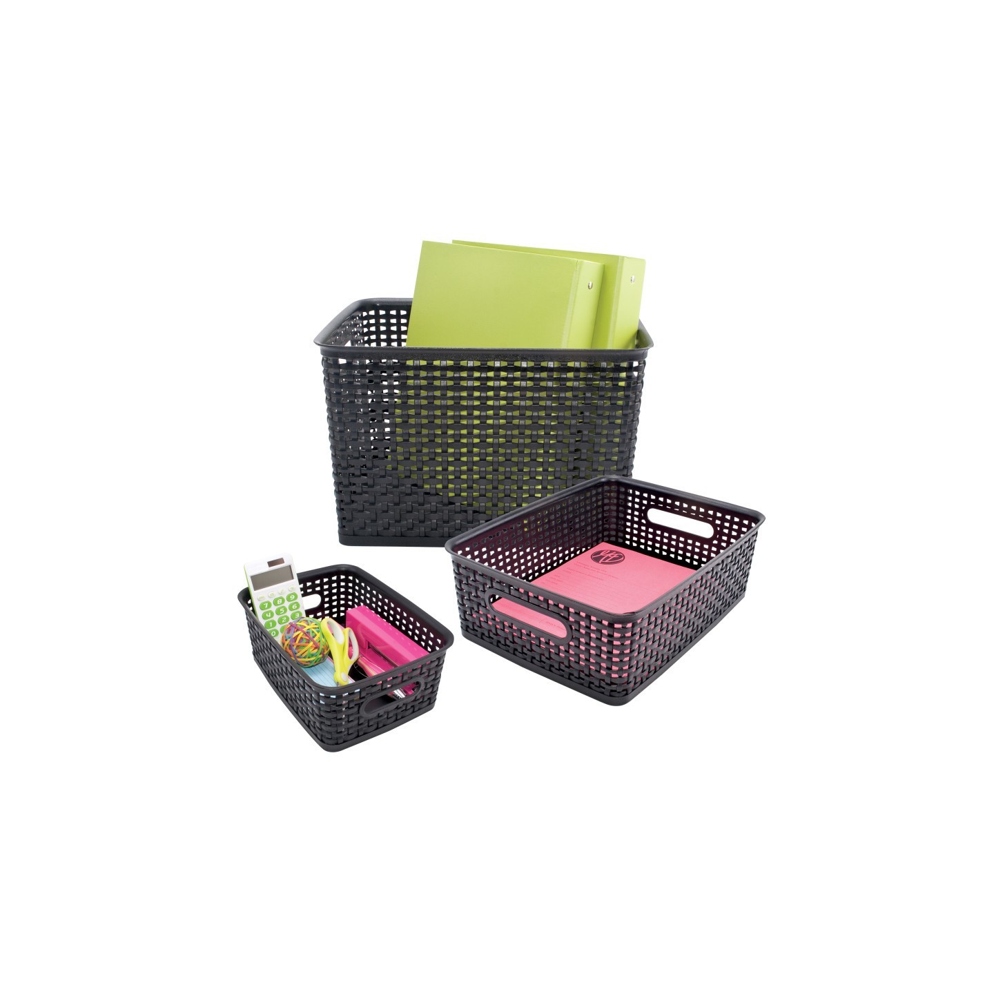 Advantus® Plastic Weave Storage Bins, Assorted Sizes, Black, Set of 3