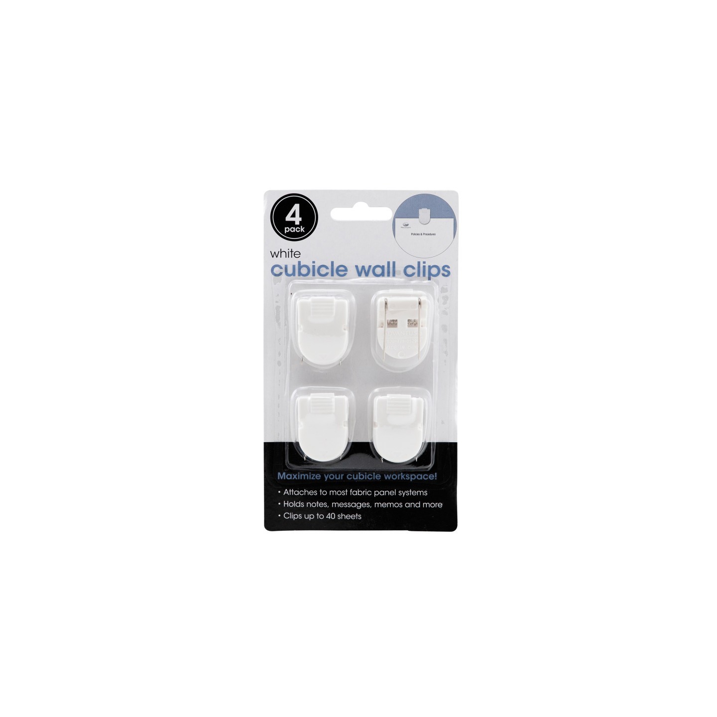 Advantus® Wall Clips For Fabric Panels, White, 40 Sheet Capacity, Pack of 4