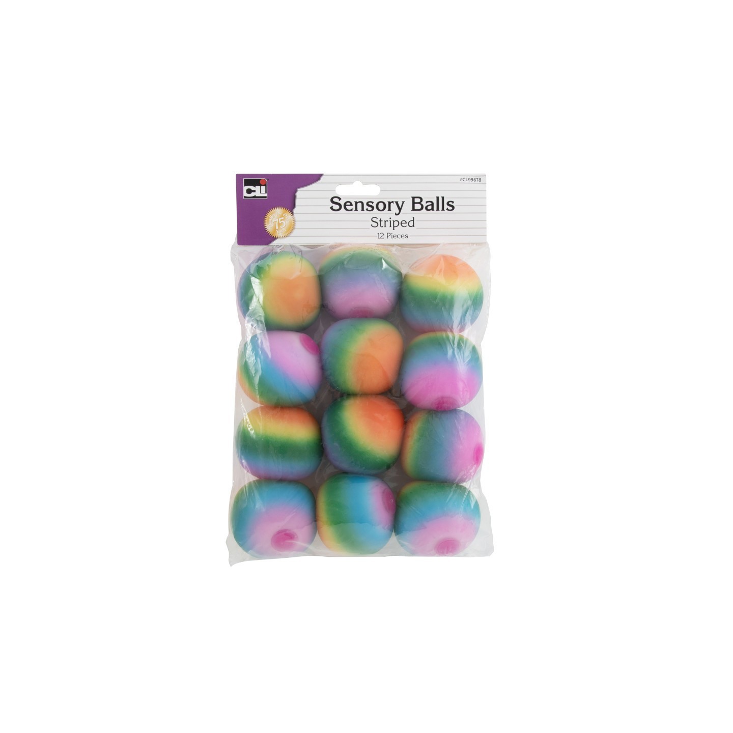 Charles Leonard Sensory Balls, 2.5 in., Assorted Striped Colors, Pack of 12