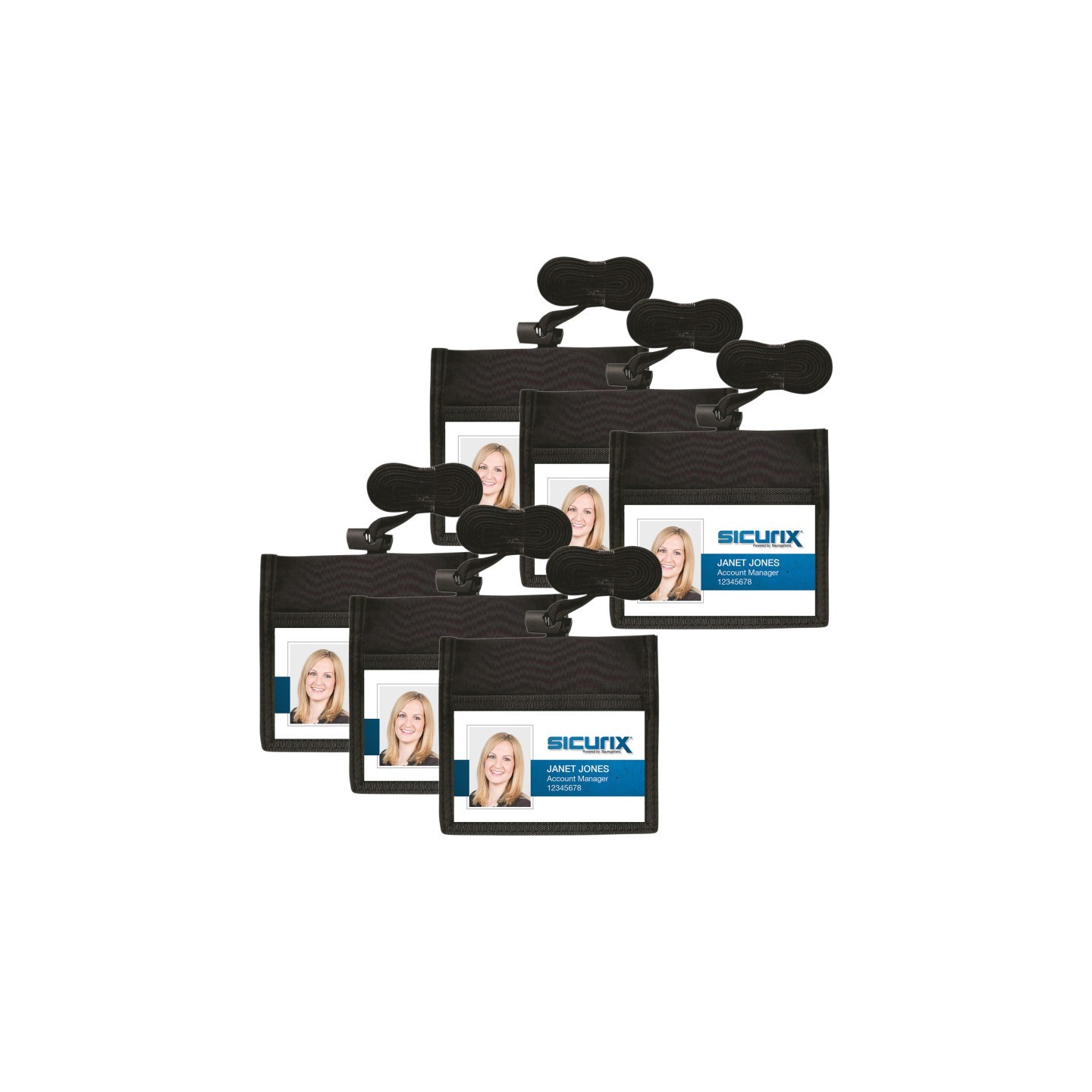 SICURIX ID Neck Pouch Badge Holder, Horizontal, Adjustable Cord, 4" x 2-1/4" Insert, Black, Pack of 6