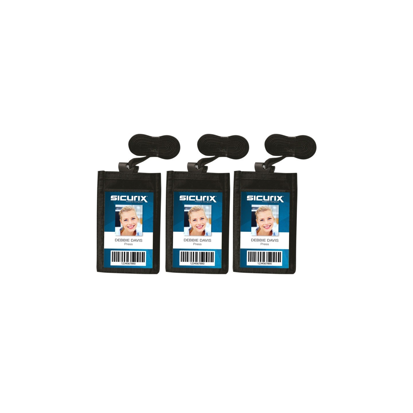 SICURIX ID Neck Pouch Badge Holder, Vertical, Adjustable Cord, 4" x 2-1/4" Insert, Black, Pack of 3