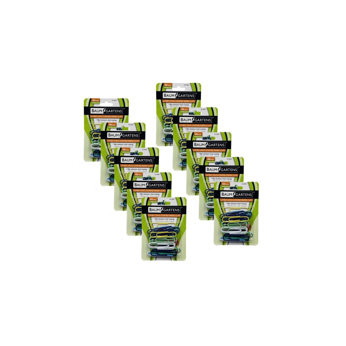 Baumgartens Vinyl-Coated Paper Clips, Jumbo Size, 40 Per Pack, 10 Packs