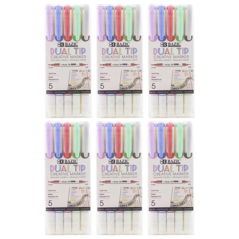 BAZIC Products® Dual-Tip Creative Markers, 5 Per Pack, 6 Packs