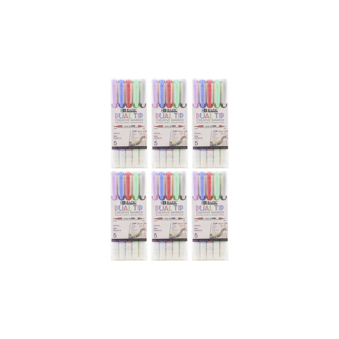 BAZIC Products® Dual-Tip Creative Markers, 5 Per Pack, 6 Packs