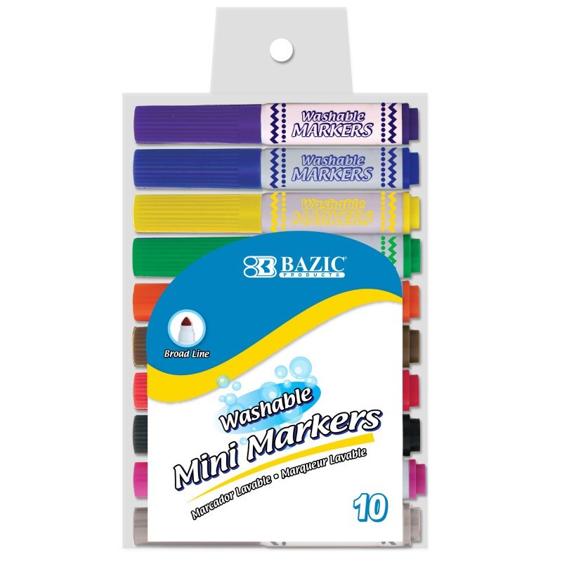 BAZIC Products® Washable Markers, Mini Broad Line, 10 Colors