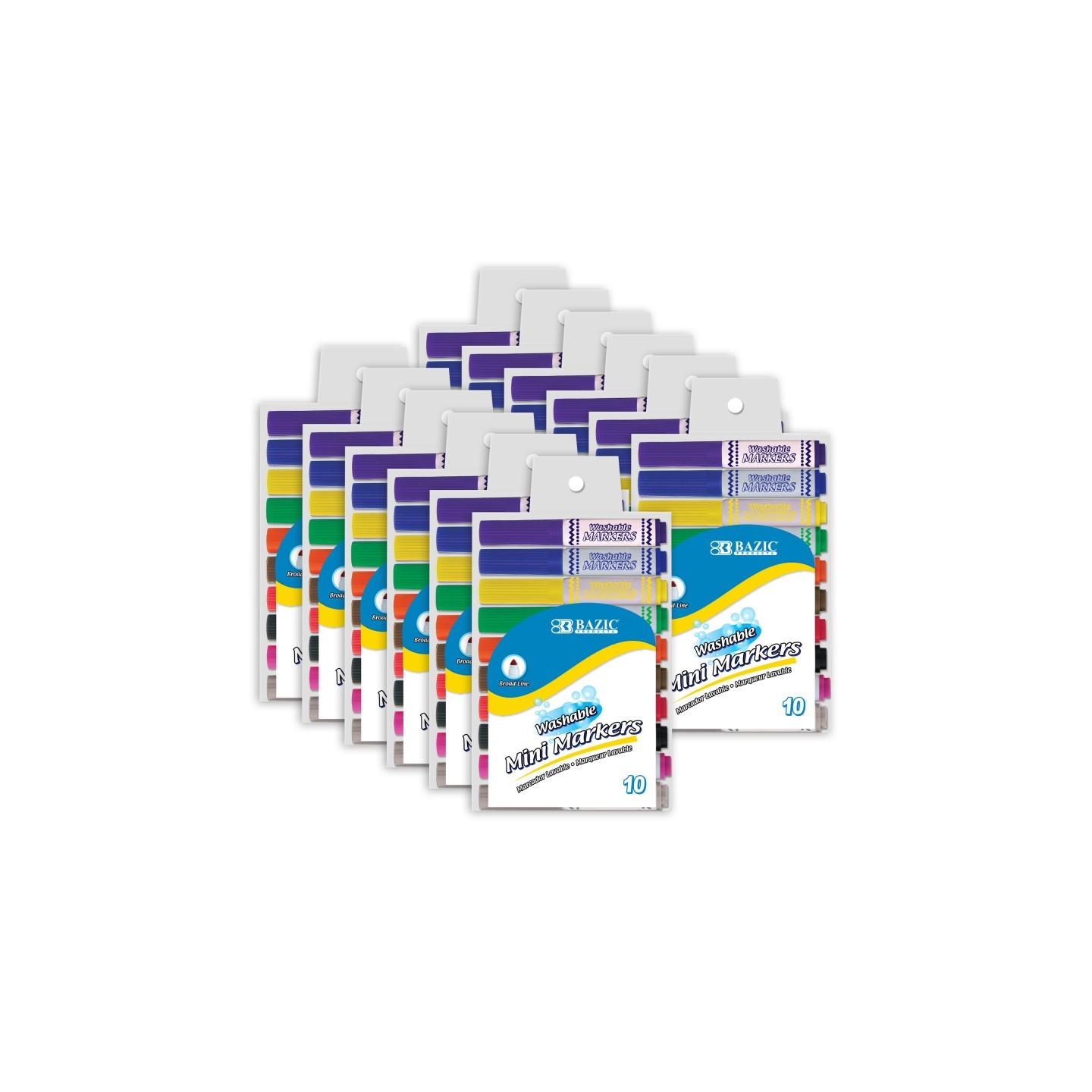 BAZIC Products® Washable Markers, Mini Broad Line, 10 Per Pack, 12 Packs