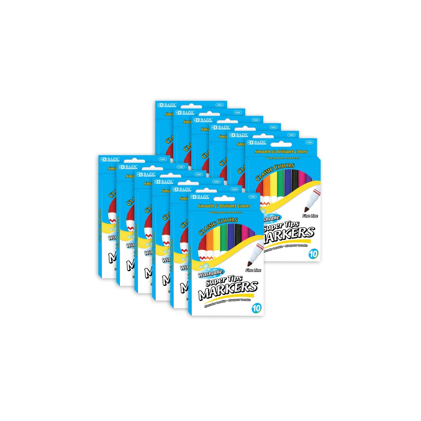 BAZIC Products® Washable Markers, Super Tip, 10 Per Pack, 12 Packs