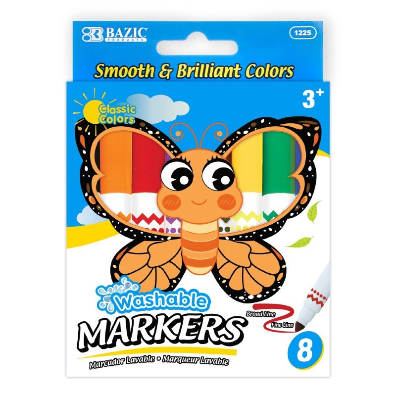 BAZIC Products® Jumbo Washable Markers, Broad Line, 8 Colors