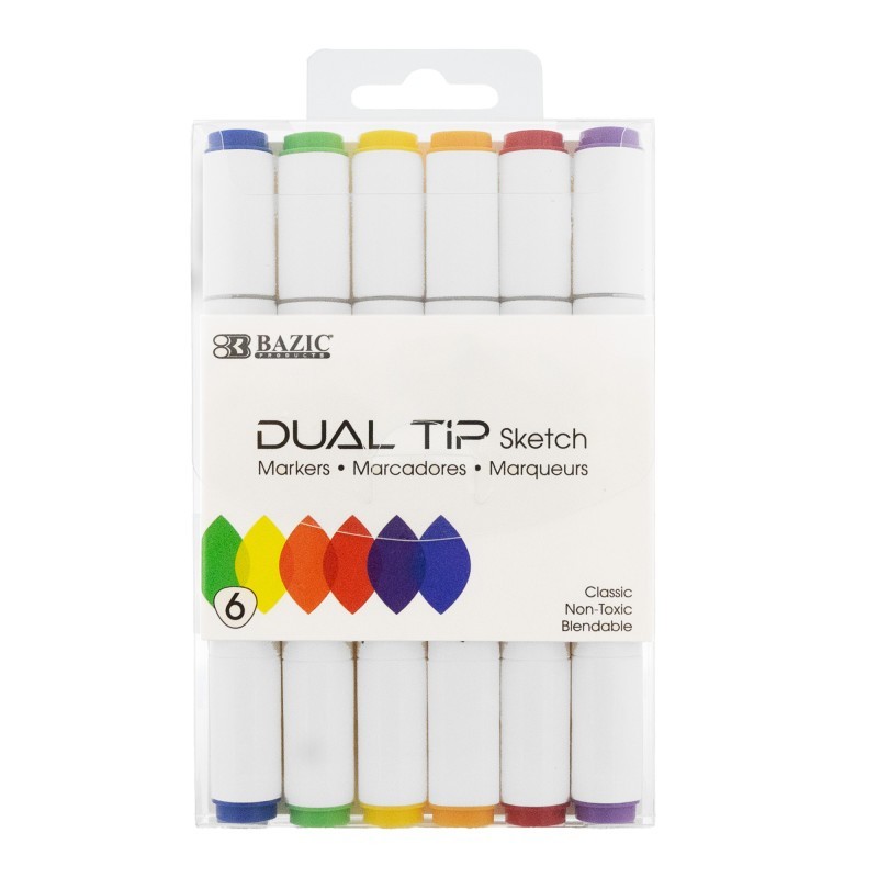 BAZIC Products® Dual Tip Sketch Markers, 6 Primary Colors