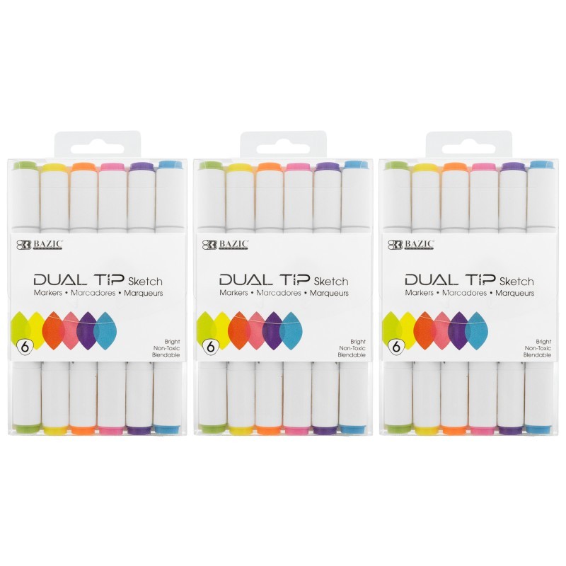 BAZIC Products® Dual Tip Sketch Markers, Fluorescent Colors, 6 Per Pack, 3 Packs
