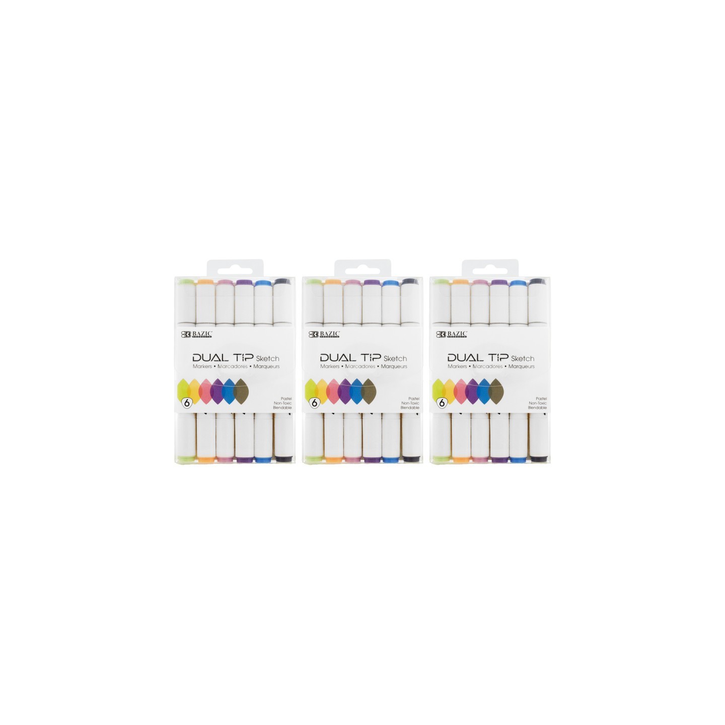 BAZIC Products® Dual Tip Sketch Markers, Pastel Colors, 6 Per Pack, 3 Packs
