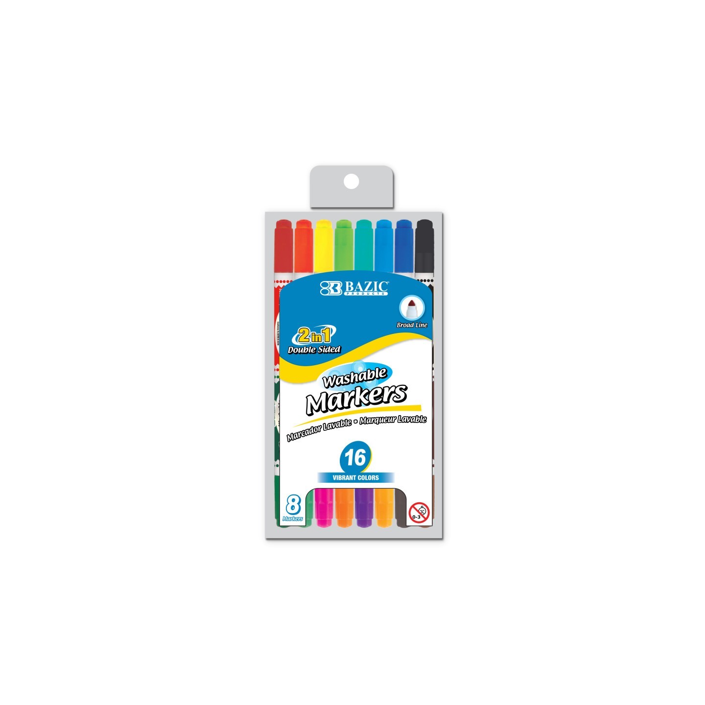BAZIC Products® Washable Markers, Double-Tip, 16 Colors, 8 Markers