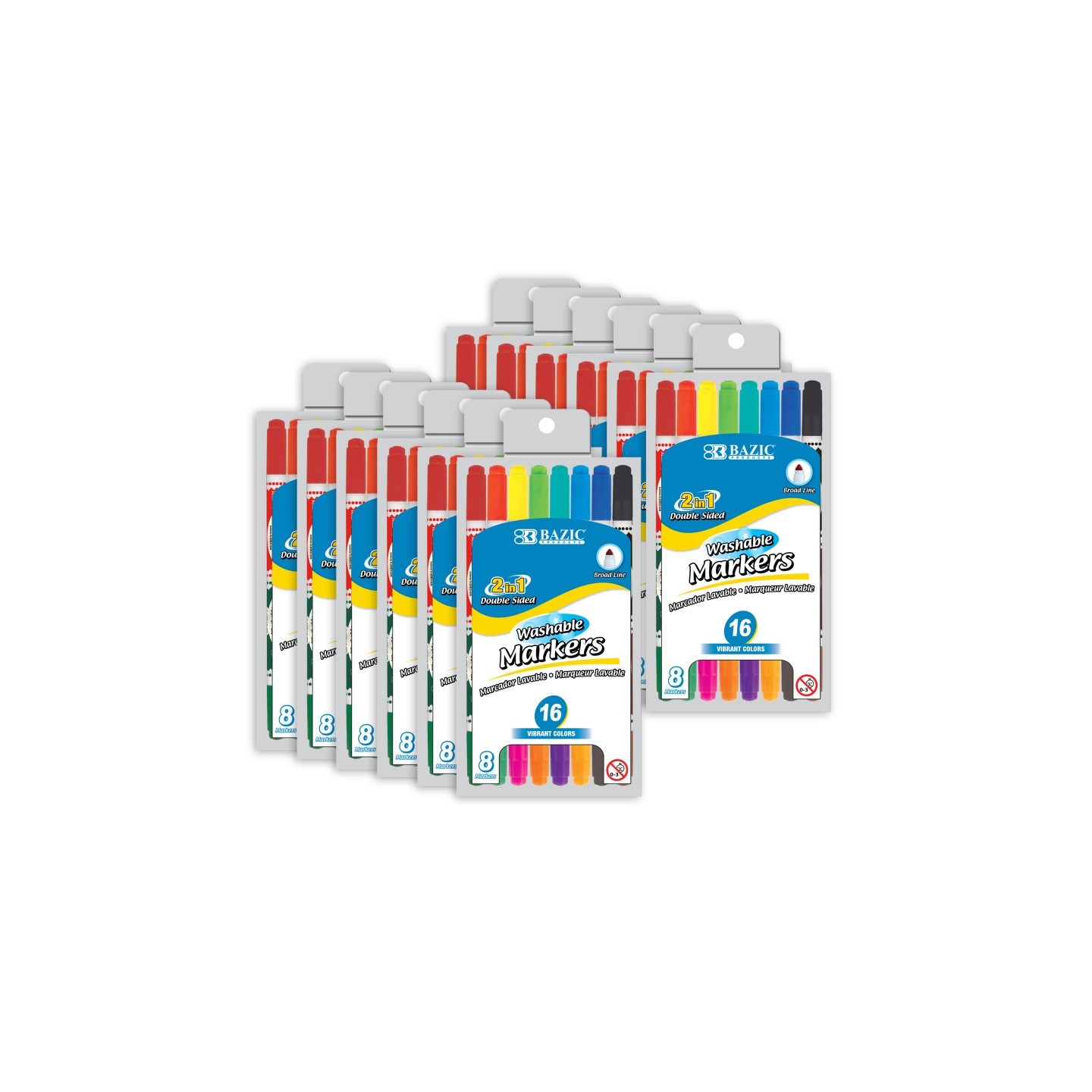BAZIC Products® Washable Markers, Double-Tip, 16 Colors, 8 Per Pack, 12 Packs