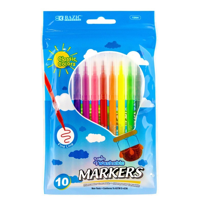 BAZIC Products® Fine Line Washable Markers, 10 Colors