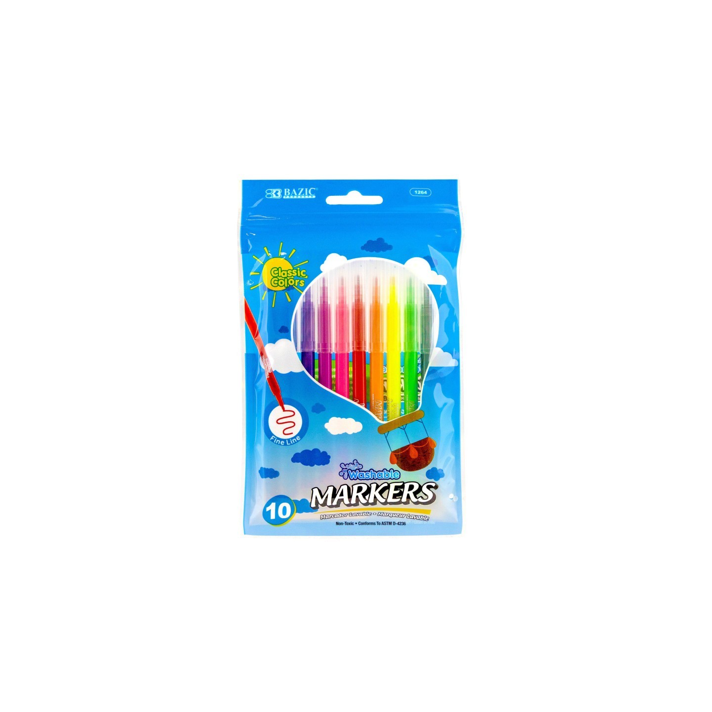 BAZIC Products® Fine Line Washable Markers, 10 Colors