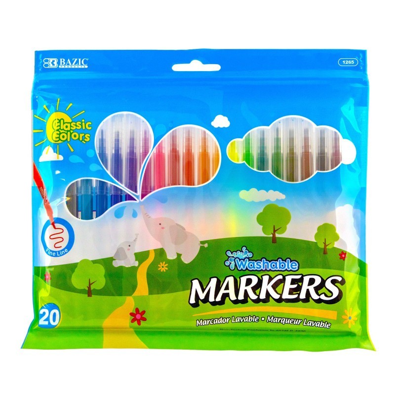 BAZIC Products® Fine Line Washable Markers, 20 Colors
