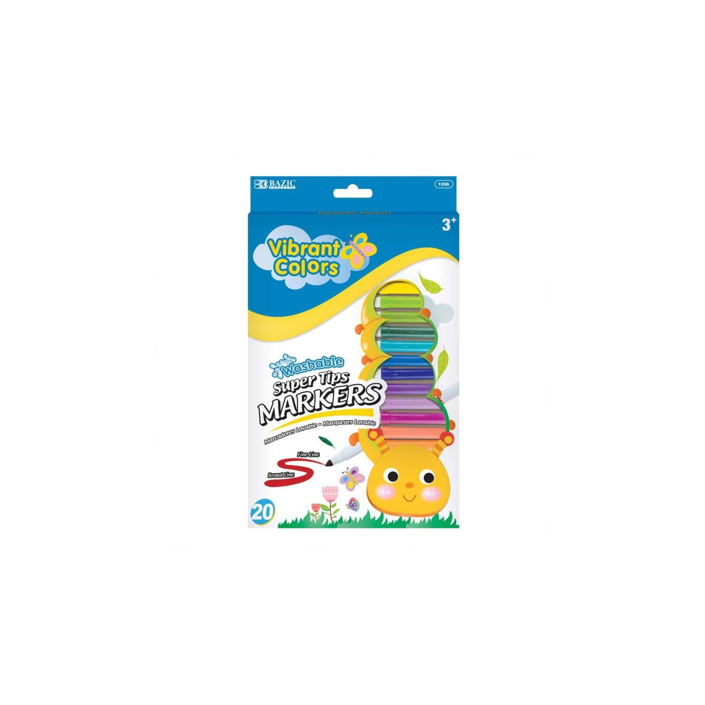 BAZIC Products® Super Tip Washable Markers, Fine Line, 20 Colors