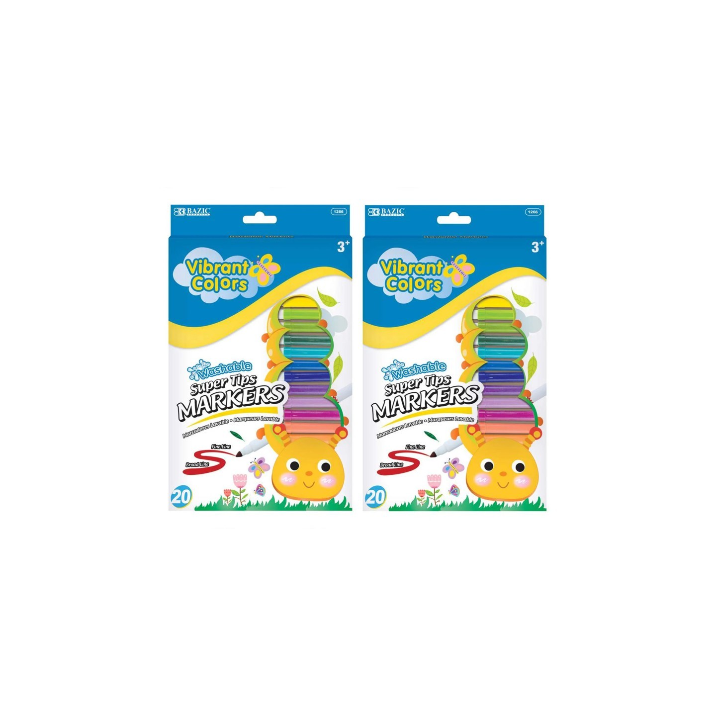 BAZIC Products® Super Tip Washable Markers, Fine Line, 20 Colors Per Pack, Pack of 2