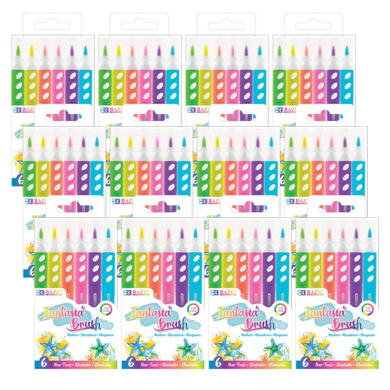 BAZIC Products® Brush Markers, Fluorescent Colors, 6 Per Pack, 12 Packs