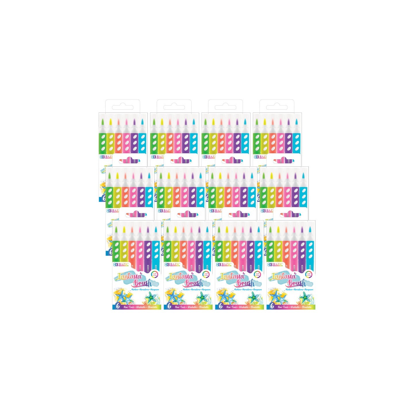BAZIC Products® Brush Markers, Fluorescent Colors, 6 Per Pack, 12 Packs
