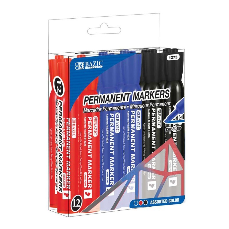 BAZIC Products® Permanent Markers, Desk Style, Chisel Tip, Assorted Colors, Box of 12