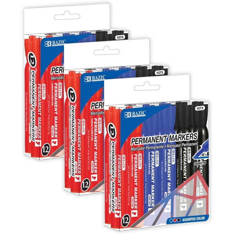 BAZIC Products® Permanent Markers, Desk Style, Chisel Tip, Assorted Colors, 12 Per Box, 3 Boxes