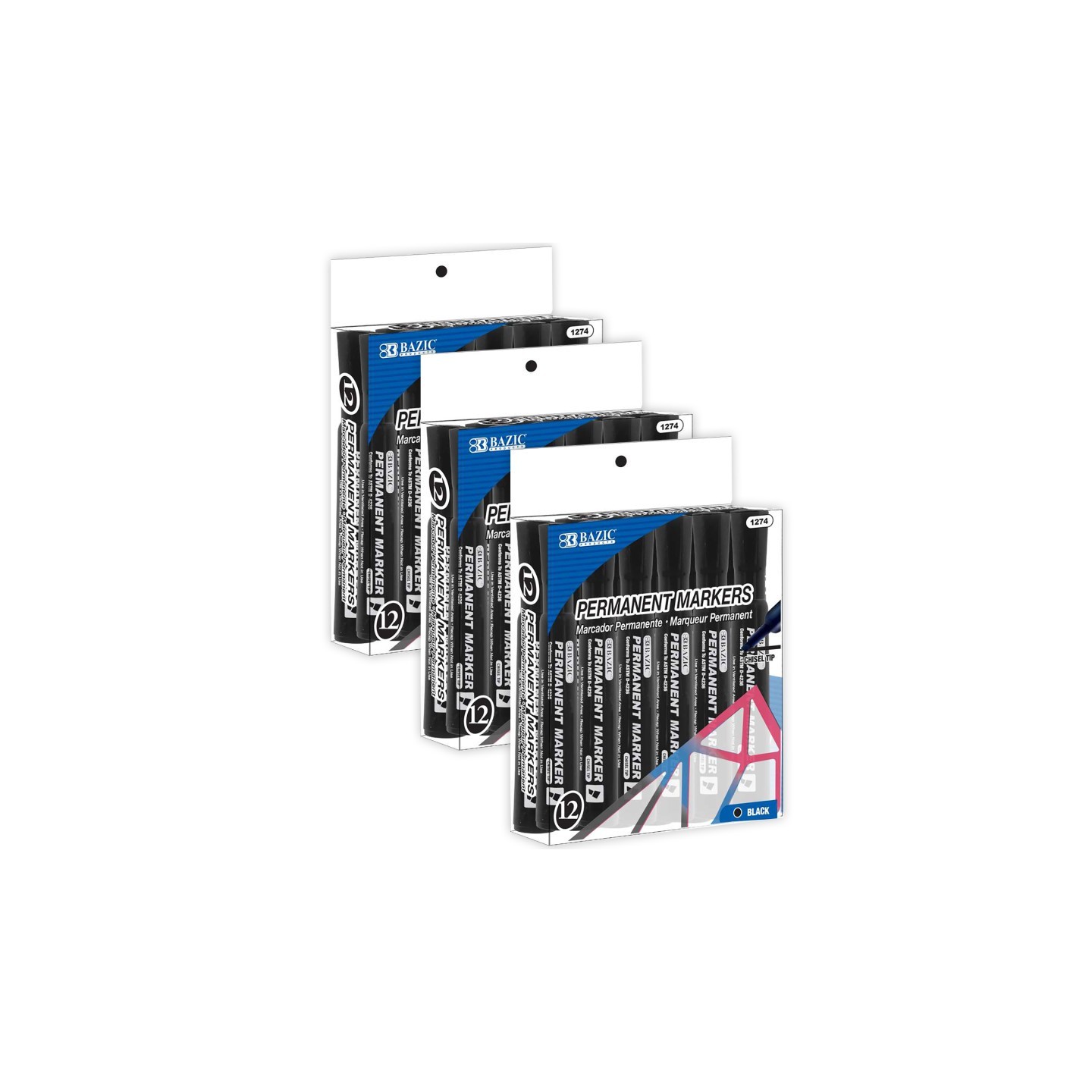 BAZIC Products® Permanent Markers, Desk Style, Chisel Tip, Black, 12 Per Box, 3 Boxes