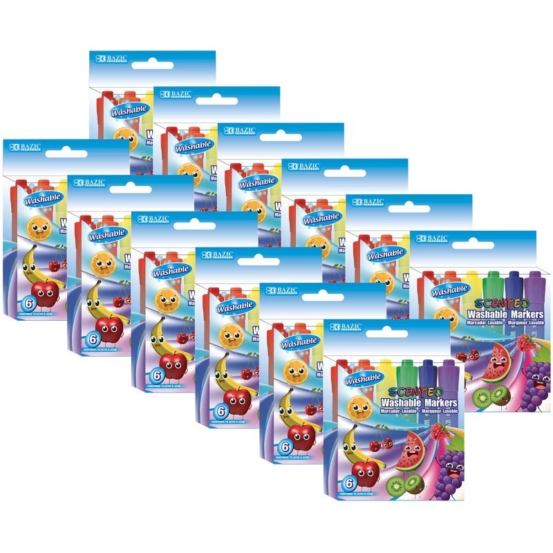 BAZIC Products® Washable Markers, Scented, 6 Per Pack, 12 Packs