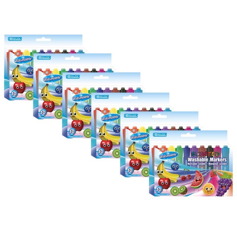 BAZIC Products® Washable Markers, Scented, 10 Colors Per Pack, 6 Packs