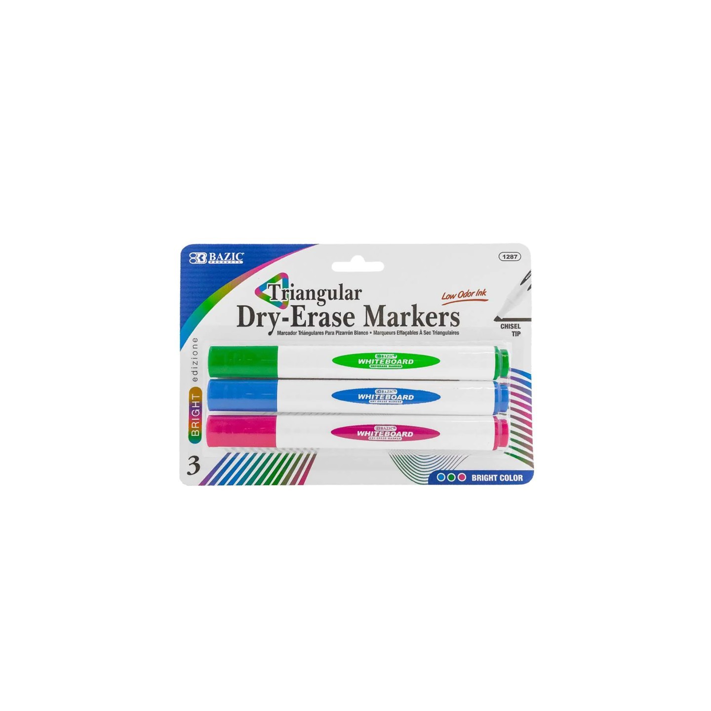 BAZIC Products® Triangle Dry-Erase Markers, Chisel Tip, Bright Colors, Pack of 3