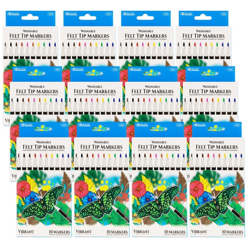 BAZIC Products® Felt Tip Washable Markers, 10 Colors, 10 Per pack, 12 Packs
