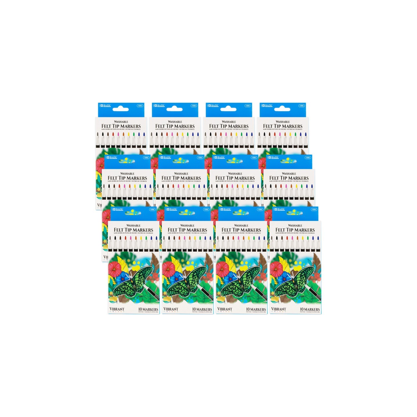 BAZIC Products® Felt Tip Washable Markers, 10 Colors, 10 Per pack, 12 Packs