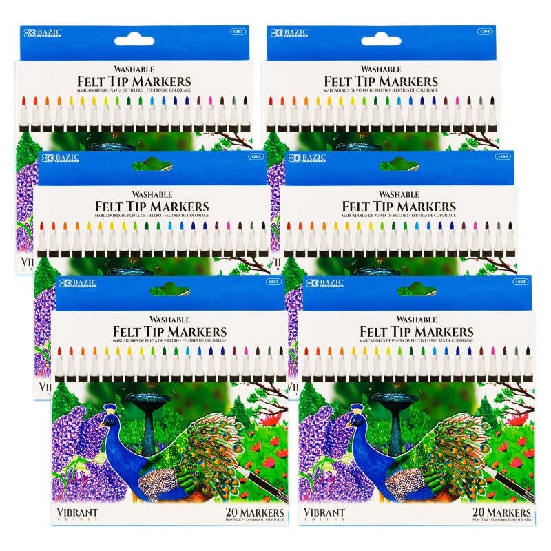 BAZIC Products® Felt Tip Washable Markers, 20 Colors, 20 Per pack, 6 Packs