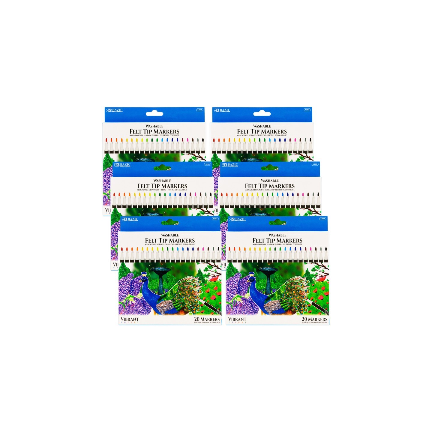 BAZIC Products® Felt Tip Washable Markers, 20 Colors, 20 Per pack, 6 Packs
