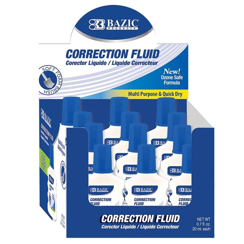 BAZIC Products® Correction Fluid with Foam Brush, 0.7 fl oz (20 mL), Pack of 24