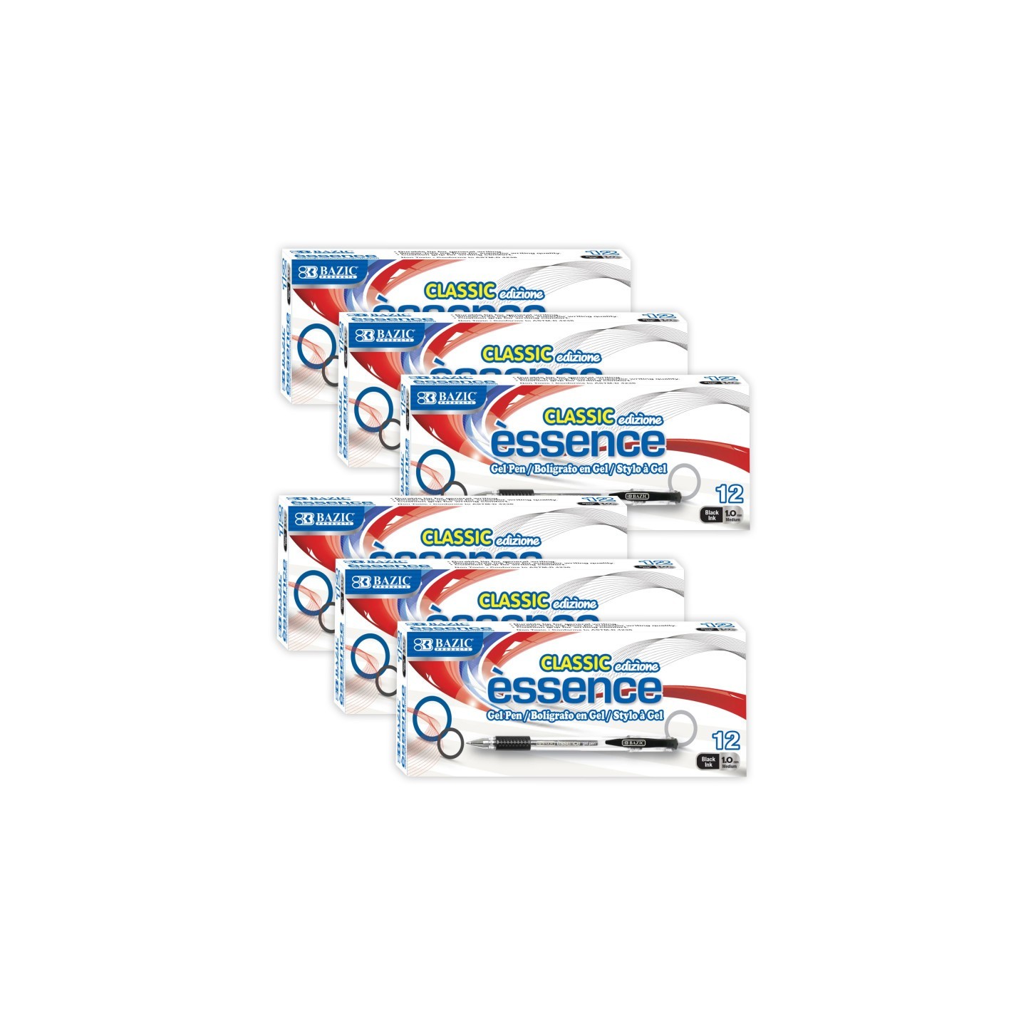 BAZIC Products® Essence Gel Pen with Cushion Grip, Black, 12 Per Box, 6 Boxes
