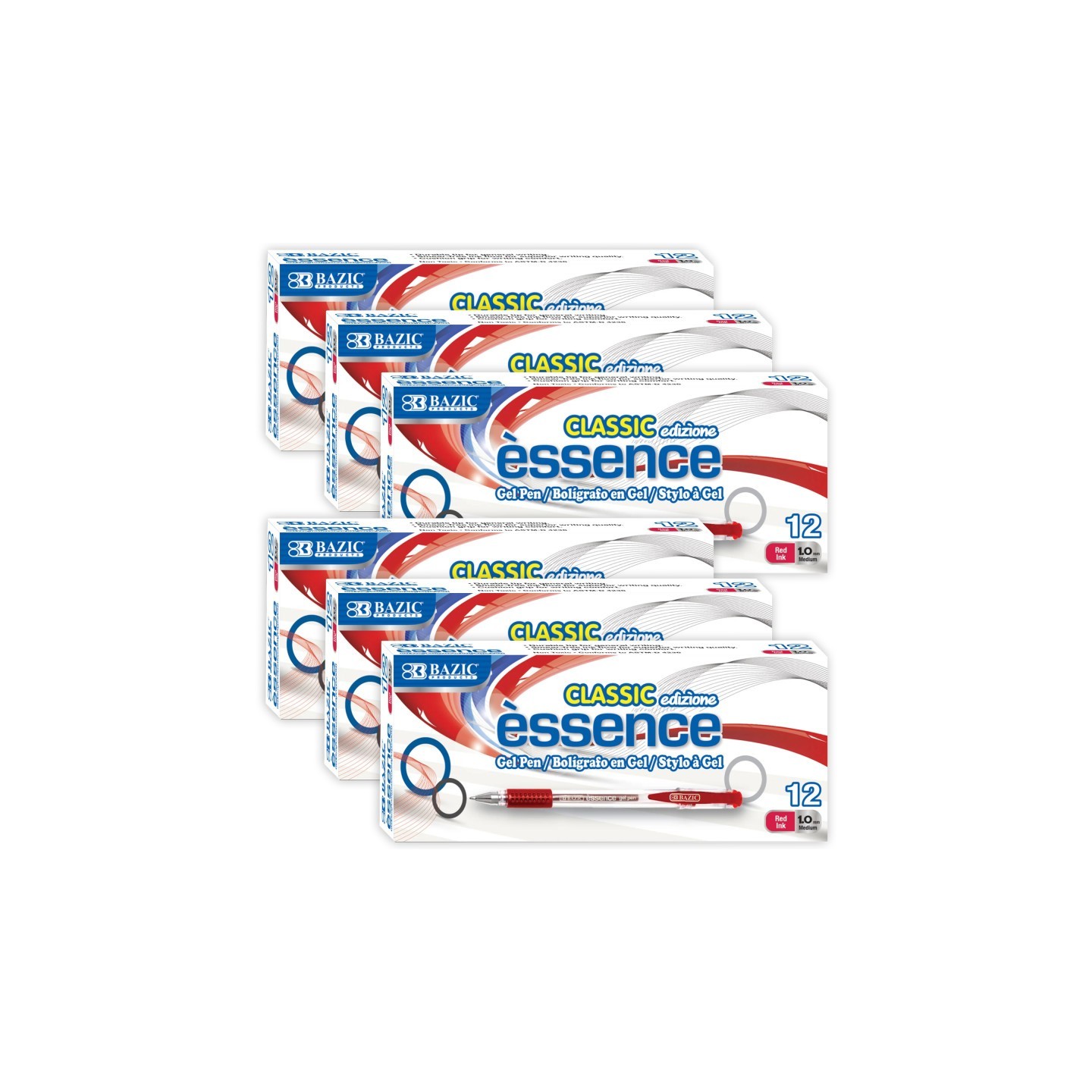 BAZIC Products® Essence Gel Pen with Cushion Grip, Red, 12 Per Box, 6 Boxes