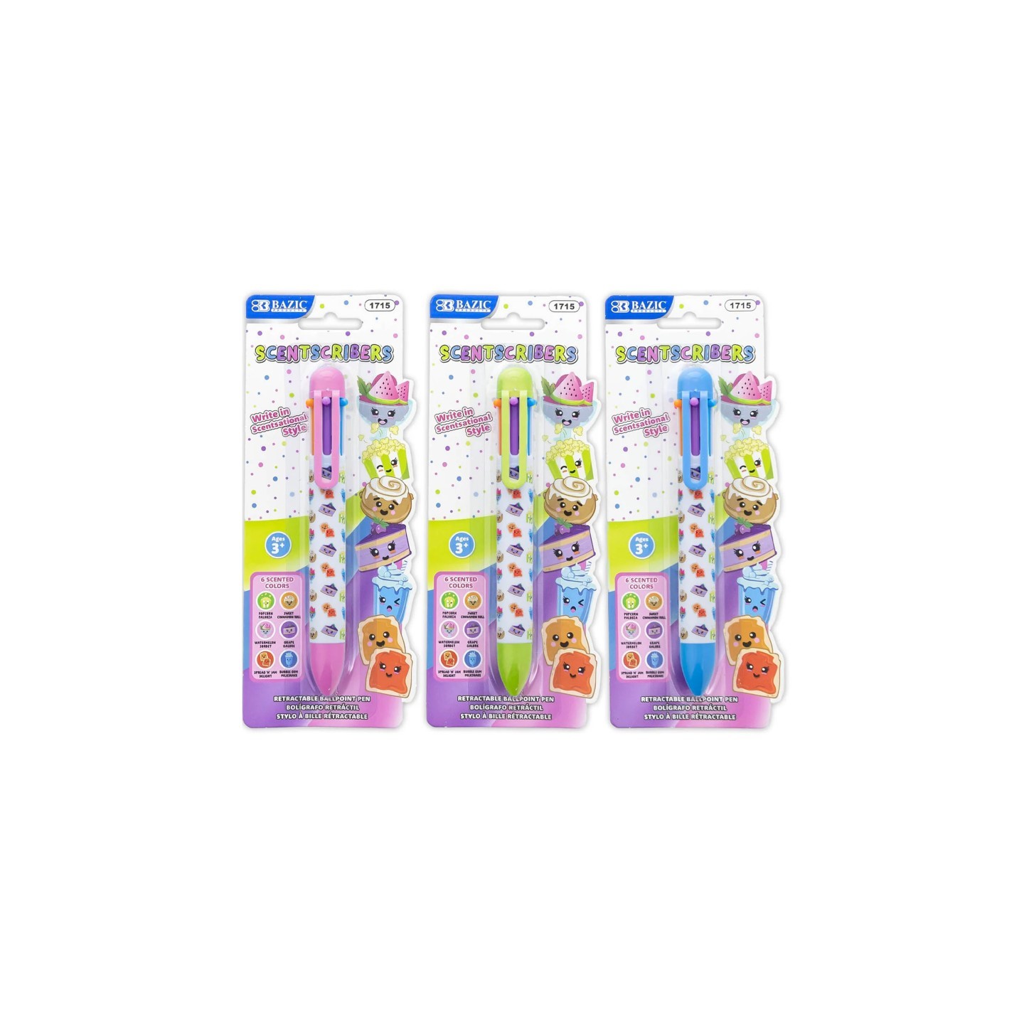 BAZIC Products® Scented 6-Color Pen, Assorted Designs, Pack of 3