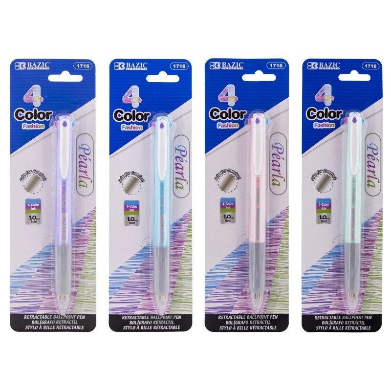 BAZIC Products® 4-Color Fashion Pen with Cushion Grip, Assorted Barrel Color, 1 Pen