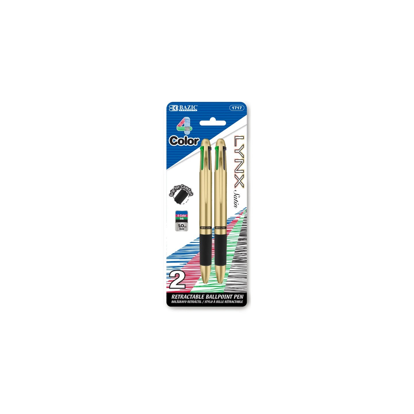 BAZIC Products® Lynx Satin Top 4-Color Pen with Cushion Grip, Pack of 2