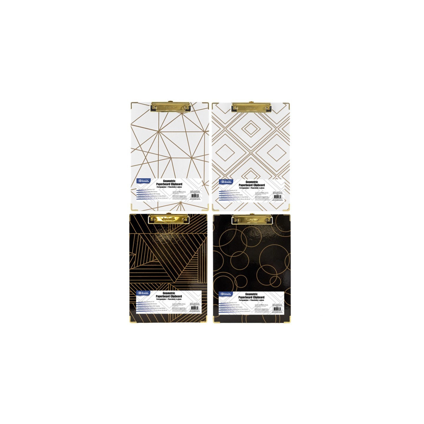 BAZIC Products® Paperboard Clipboard with Gold Low Profile Clip, Assorted Geometric Designs (No Design Choice), 12.9" x 9"
